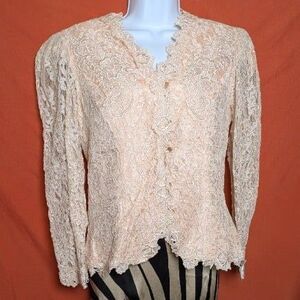 Vintage Blush Pink Floral Lace Long Sleeve Top Size 10 Petite Romantic Coquette
